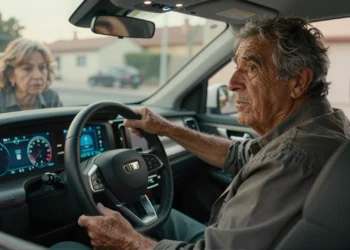Hombre mayor español al volante de un SUV moderno, desconcertado ante pantallas táctiles y tecnología digital