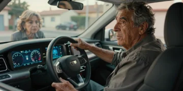 Hombre mayor español al volante de un SUV moderno, desconcertado ante pantallas táctiles y tecnología digital