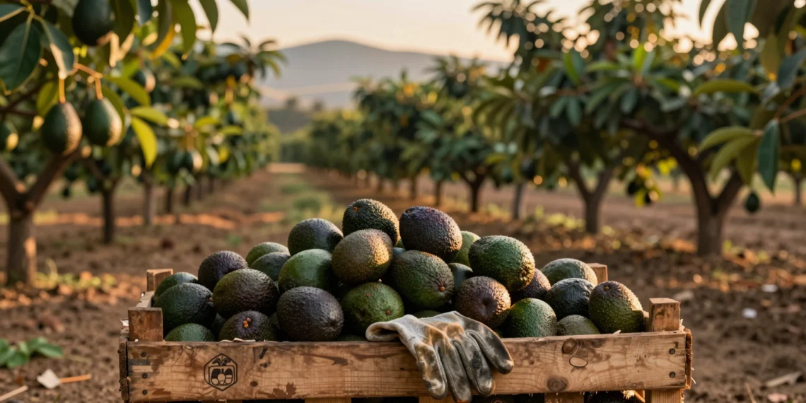 Huerto de aguacates al atardecer con frutos cosechados en cesta y caja de madera, cadena de suministro global
