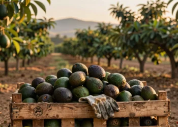 Huerto de aguacates al atardecer con frutos cosechados en cesta y caja de madera, cadena de suministro global