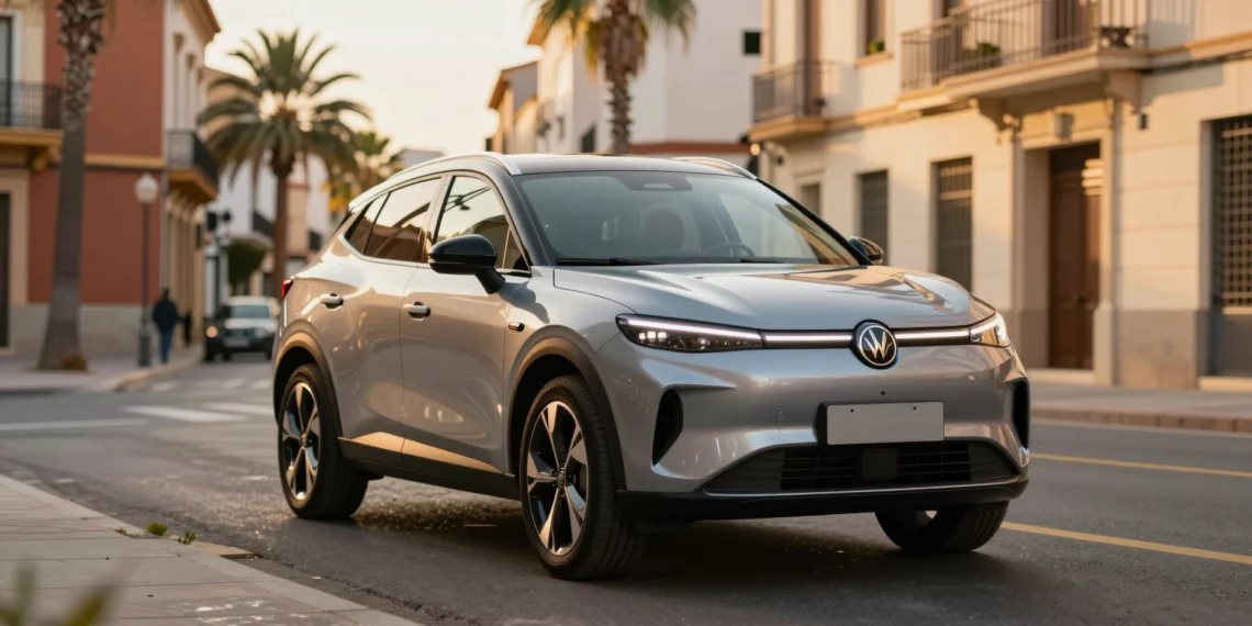 Omoda 5 SHS, primer SUV híbrido autorrecargable chino en España, en bulevar urbano con arquitectura mediterránea