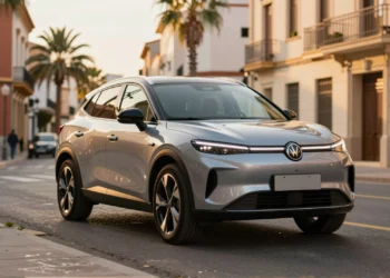 Omoda 5 SHS, primer SUV híbrido autorrecargable chino en España, en bulevar urbano con arquitectura mediterránea