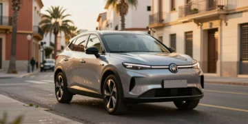 Omoda 5 SHS, primer SUV híbrido autorrecargable chino en España, en bulevar urbano con arquitectura mediterránea