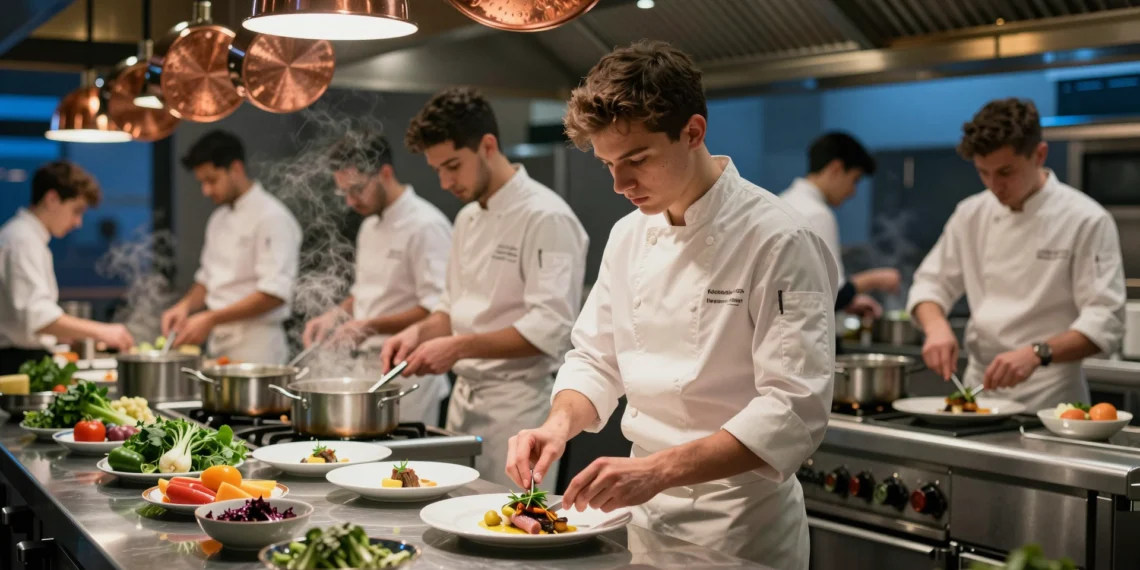 Joven chef menor de 30 años emplatando con precisión en la cocina de un restaurante con estrella Michelin en Madrid