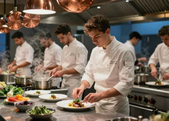 Joven chef menor de 30 años emplatando con precisión en la cocina de un restaurante con estrella Michelin en Madrid