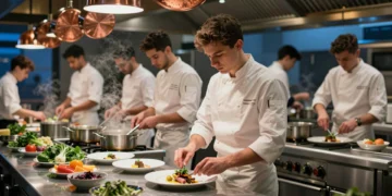 Joven chef menor de 30 años emplatando con precisión en la cocina de un restaurante con estrella Michelin en Madrid