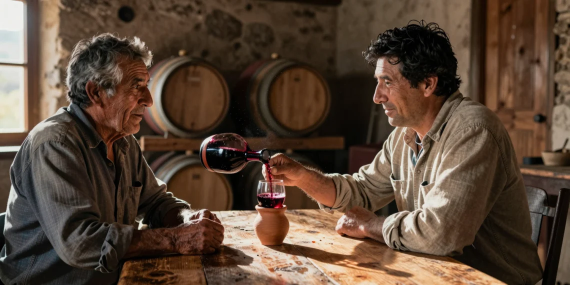Enólogo francés y campesino chileno comparten un vaso de vino pipeño en una bodega rústica del Maule