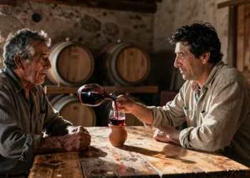 Enólogo francés y campesino chileno comparten un vaso de vino pipeño en una bodega rústica del Maule