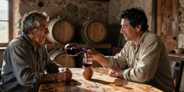 Enólogo francés y campesino chileno comparten un vaso de vino pipeño en una bodega rústica del Maule