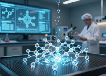 Científico en laboratorio futurista con red holográfica de catalizadores moleculares e IA para producción de hidrógeno verde