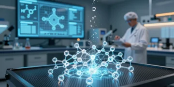 Científico en laboratorio futurista con red holográfica de catalizadores moleculares e IA para producción de hidrógeno verde
