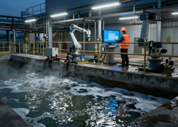 Técnico en chaleco naranja monitorea pantalla en planta de tratamiento de agua industrial con IA detectando vertidos