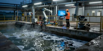 Técnico en chaleco naranja monitorea pantalla en planta de tratamiento de agua industrial con IA detectando vertidos