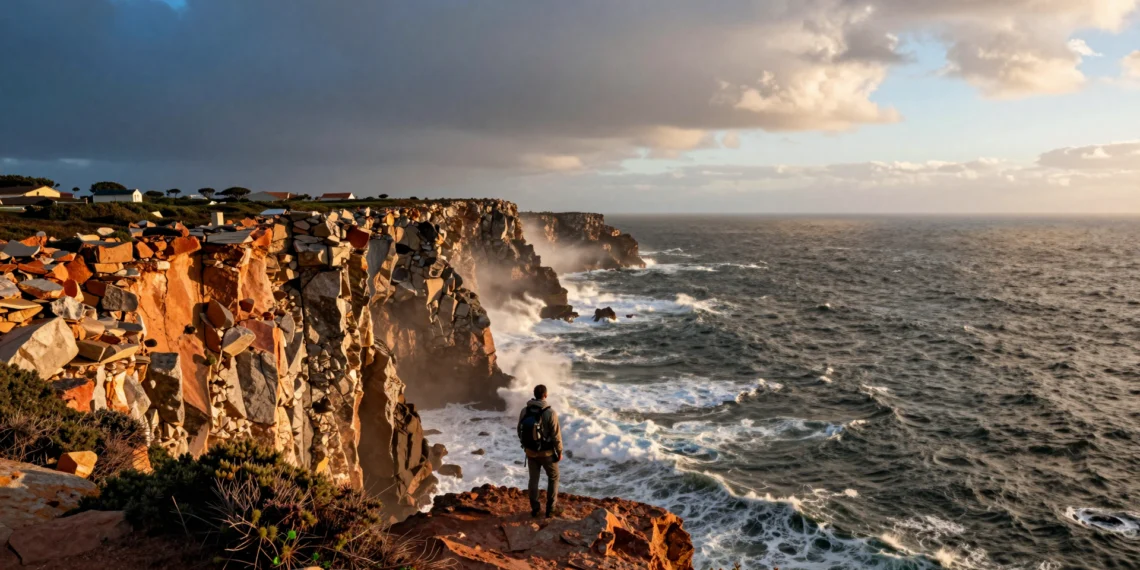 Senderista solitario en los acantilados del Cabo de São Vicente contemplando el océano Atlántico en Portugal