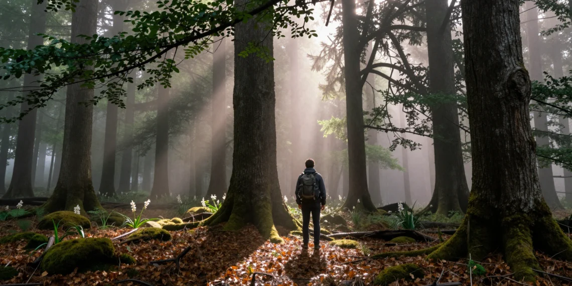 Viajero solitario con mochila al borde de un bosque de hayas y abetos en Navarra, envuelto en niebla matinal