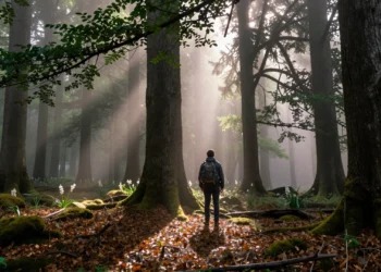 Viajero solitario con mochila al borde de un bosque de hayas y abetos en Navarra, envuelto en niebla matinal