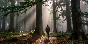 Viajero solitario con mochila al borde de un bosque de hayas y abetos en Navarra, envuelto en niebla matinal
