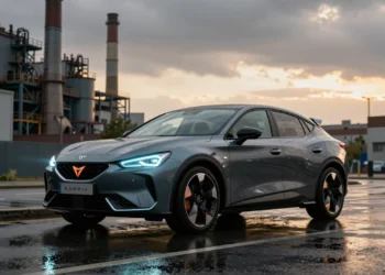 CUPRA Raval eléctrico urbano en una calle mojada frente a la fábrica de Martorell, Barcelona