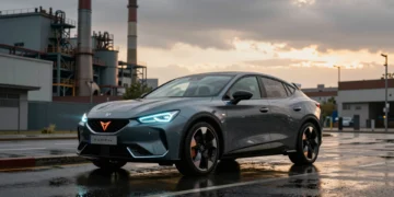 CUPRA Raval eléctrico urbano en una calle mojada frente a la fábrica de Martorell, Barcelona
