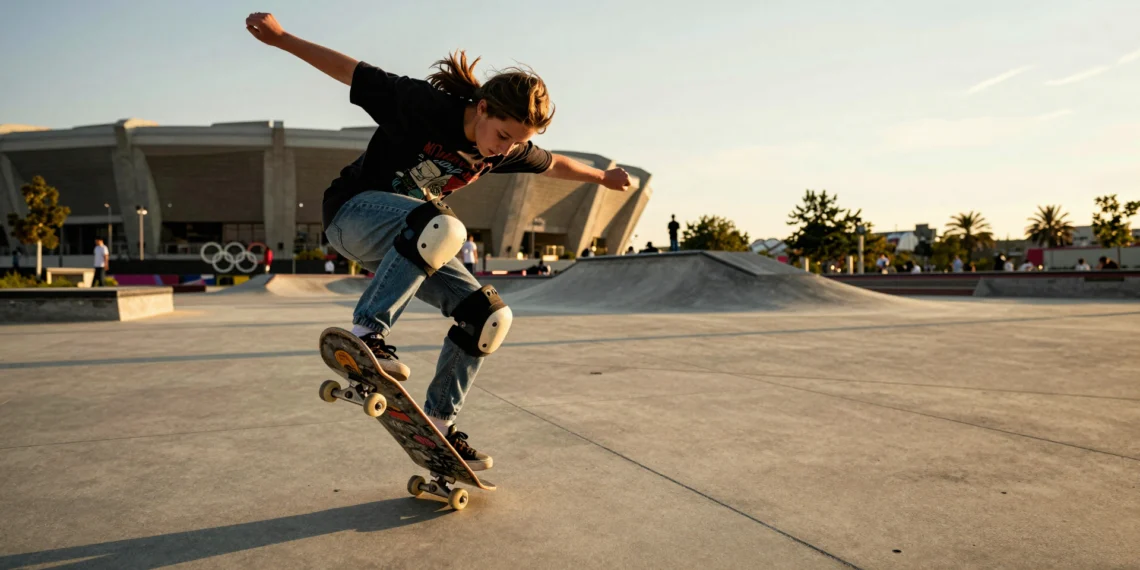 Julia Benedetti ejecutando un kickflip en una plaza de concreto urbano con el estadio olímpico desenfocado al fondo