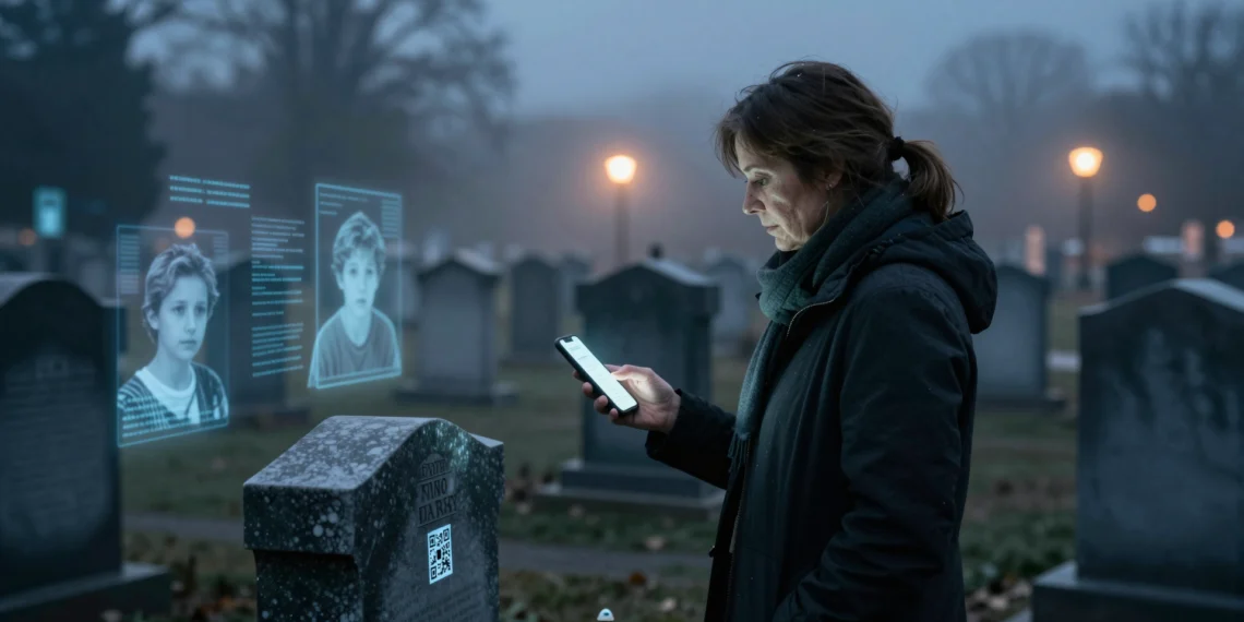 Mujer en cementerio al anochecer escaneando código QR en lápida con smartphone, rodeada de proyecciones holográficas
