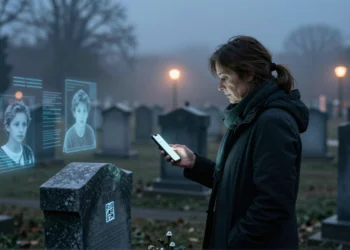 Mujer en cementerio al anochecer escaneando código QR en lápida con smartphone, rodeada de proyecciones holográficas