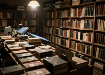 Manos enguantadas sacan un libro antiguo de una caja en librería oscura, con escáner azul al fondo