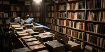 Manos enguantadas sacan un libro antiguo de una caja en librería oscura, con escáner azul al fondo