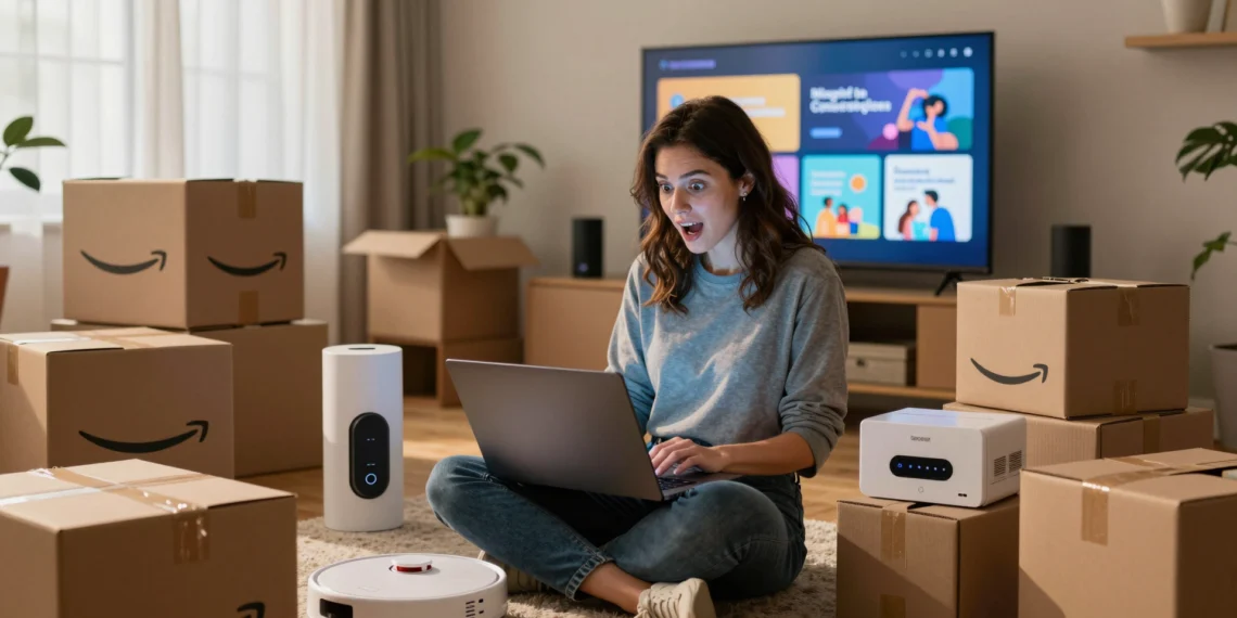 Mujer emocionada comprando en Amazon Prime Day con cajas de entrega y dispositivos tecnológicos a su alrededor