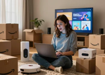 Mujer emocionada comprando en Amazon Prime Day con cajas de entrega y dispositivos tecnológicos a su alrededor