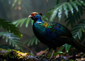 Faisán de Edwards macho posado en una rama musgosa, con plumaje iridiscente azul verdoso, en un entorno tropical húmedo