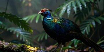 Faisán de Edwards macho posado en una rama musgosa, con plumaje iridiscente azul verdoso, en un entorno tropical húmedo