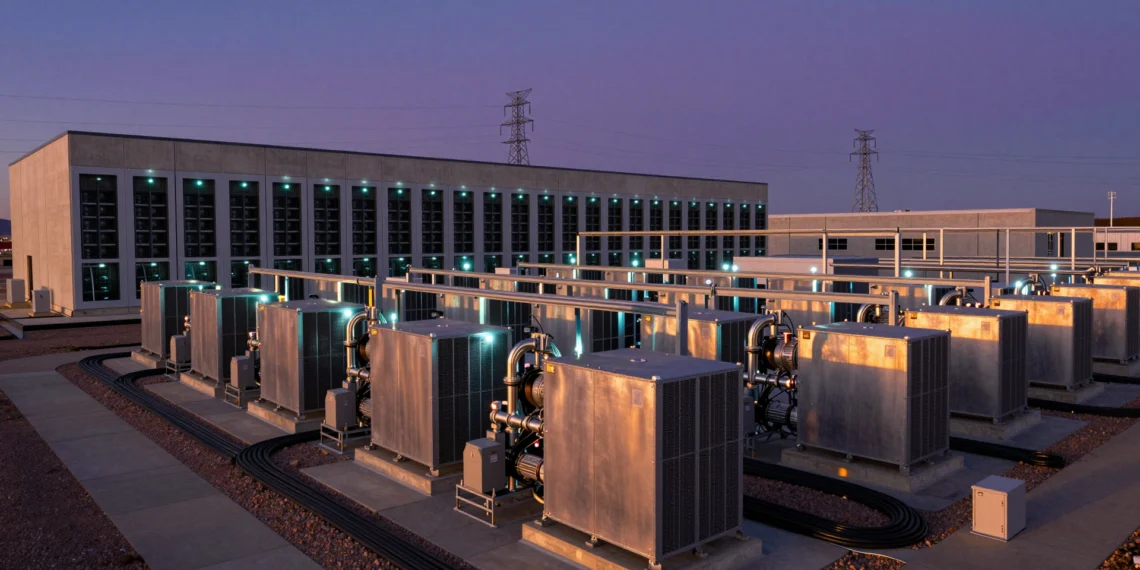 Centro de datos moderno al atardecer con pilas de combustible de hidrógeno y torres eléctricas desconectadas al fondo
