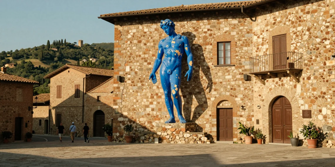Escultura azul mediterráneo suspendida en una plaza medieval de piedra en un pueblo toscano bajo luz dorada de tarde