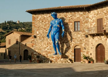 Escultura azul mediterráneo suspendida en una plaza medieval de piedra en un pueblo toscano bajo luz dorada de tarde