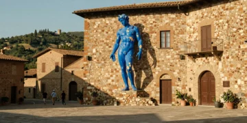 Escultura azul mediterráneo suspendida en una plaza medieval de piedra en un pueblo toscano bajo luz dorada de tarde