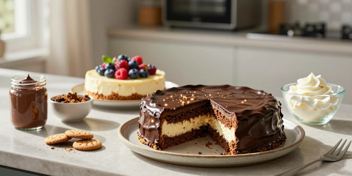Tarta de chocolate sin horno con capas de galleta y nata junto a una tarta de queso con frutos rojos en cocina veraniega