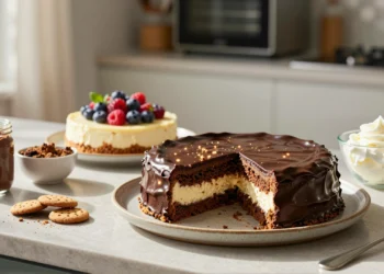 Tarta de chocolate sin horno con capas de galleta y nata junto a una tarta de queso con frutos rojos en cocina veraniega