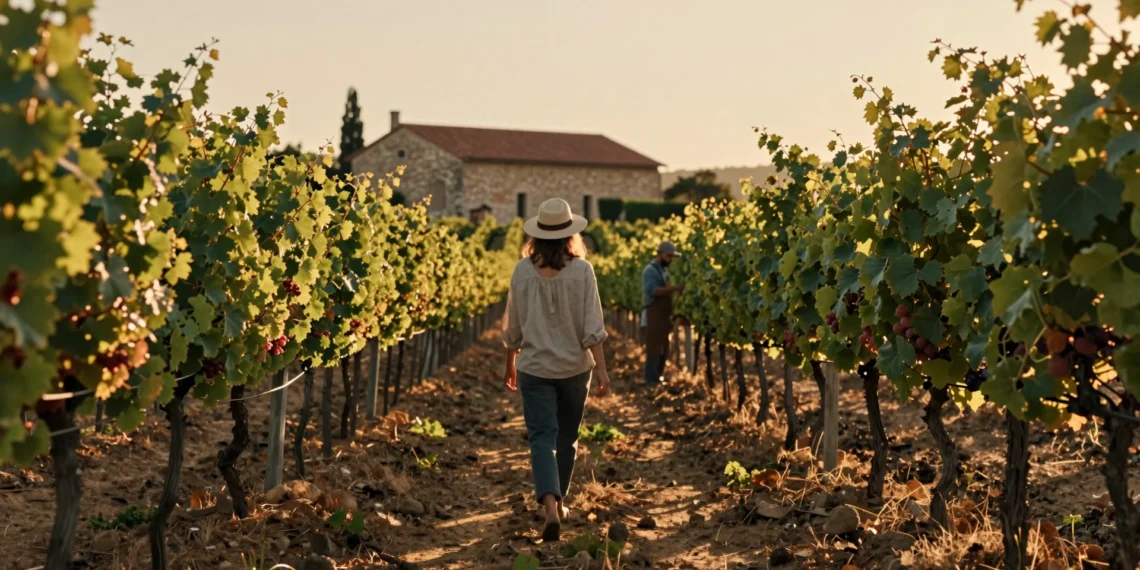 Mujer viajera caminando entre viñedos verdes al atardecer con bodega de piedra al fondo