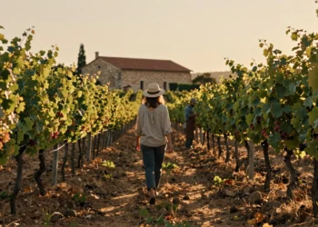 Mujer viajera caminando entre viñedos verdes al atardecer con bodega de piedra al fondo