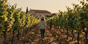 Mujer viajera caminando entre viñedos verdes al atardecer con bodega de piedra al fondo