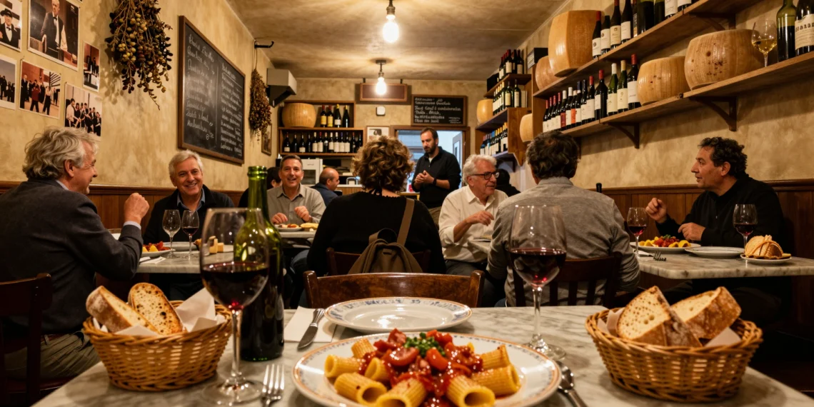 Interior cálido de una trattoria romana con rigatoni all'amatriciana, carafa de vino y comensales locales al fondo