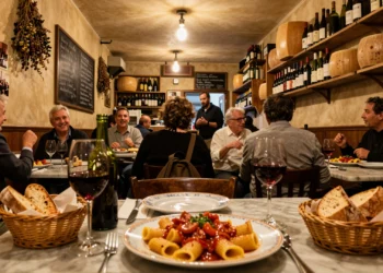 Interior cálido de una trattoria romana con rigatoni all'amatriciana, carafa de vino y comensales locales al fondo