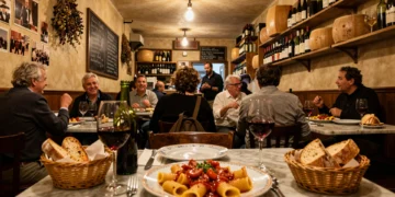 Interior cálido de una trattoria romana con rigatoni all'amatriciana, carafa de vino y comensales locales al fondo