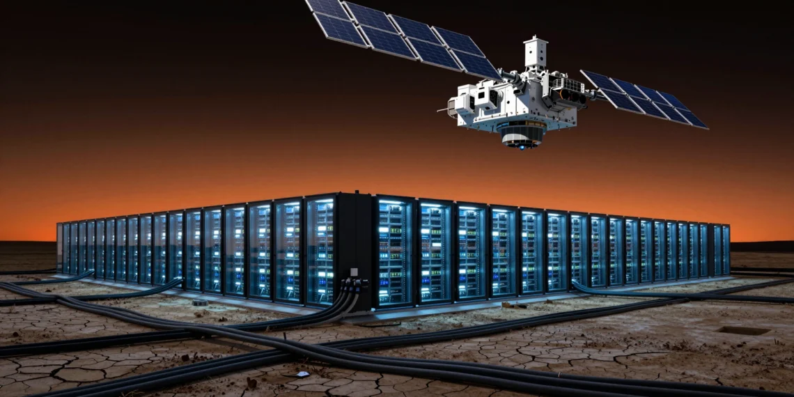 Centro de datos futurista al atardecer con servidores y cables sobre tierra agrietada, plataforma orbital al fondo