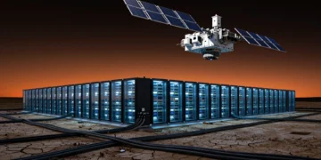 Centro de datos futurista al atardecer con servidores y cables sobre tierra agrietada, plataforma orbital al fondo