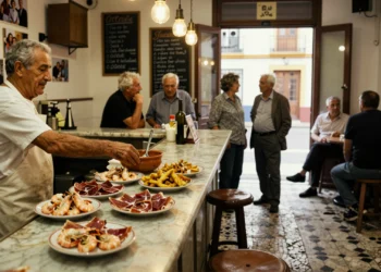 Bar tradicional en Huelva con gambas blancas y jamón ibérico, ambiente marinero andaluz auténtico