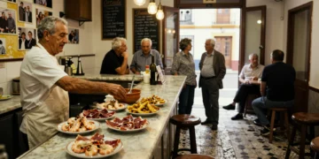Bar tradicional en Huelva con gambas blancas y jamón ibérico, ambiente marinero andaluz auténtico