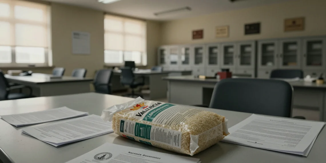 Oficina gubernamental vacía con bolsa de arroz valenciano sobre escritorio polvoriento y documentos oficiales dispersos