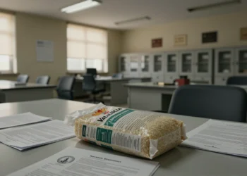 Oficina gubernamental vacía con bolsa de arroz valenciano sobre escritorio polvoriento y documentos oficiales dispersos